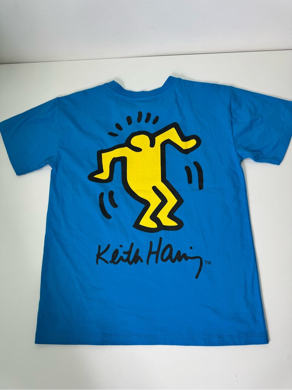Kids Keith Haring Blue Graphic Tee with Yellow Dancing Figure Sz 10/12 New